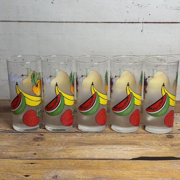 Set of 5 Vintage French Fruit Tumblers – Frosted Mid-Century Drinking Glasses - Picture 3 of 7